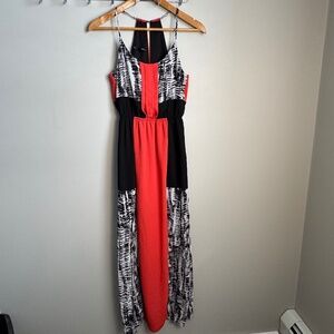Maurices X-Small Split Front Maxi Dress Red/Black/White Babydoll Spaghetti Strap